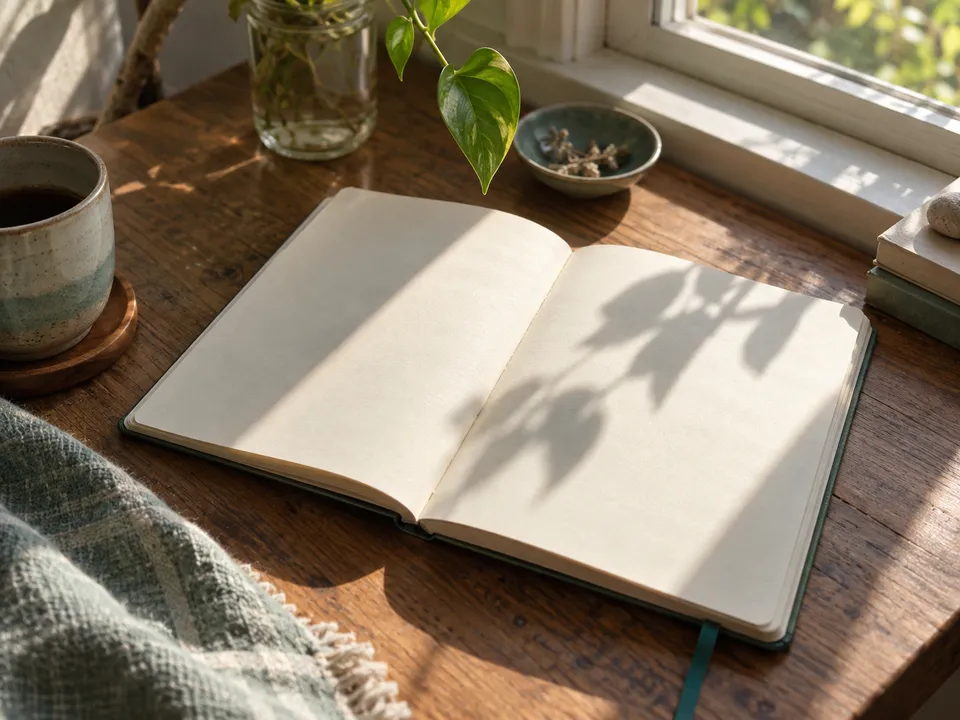 Sunlit blank notebook on a wooden desk